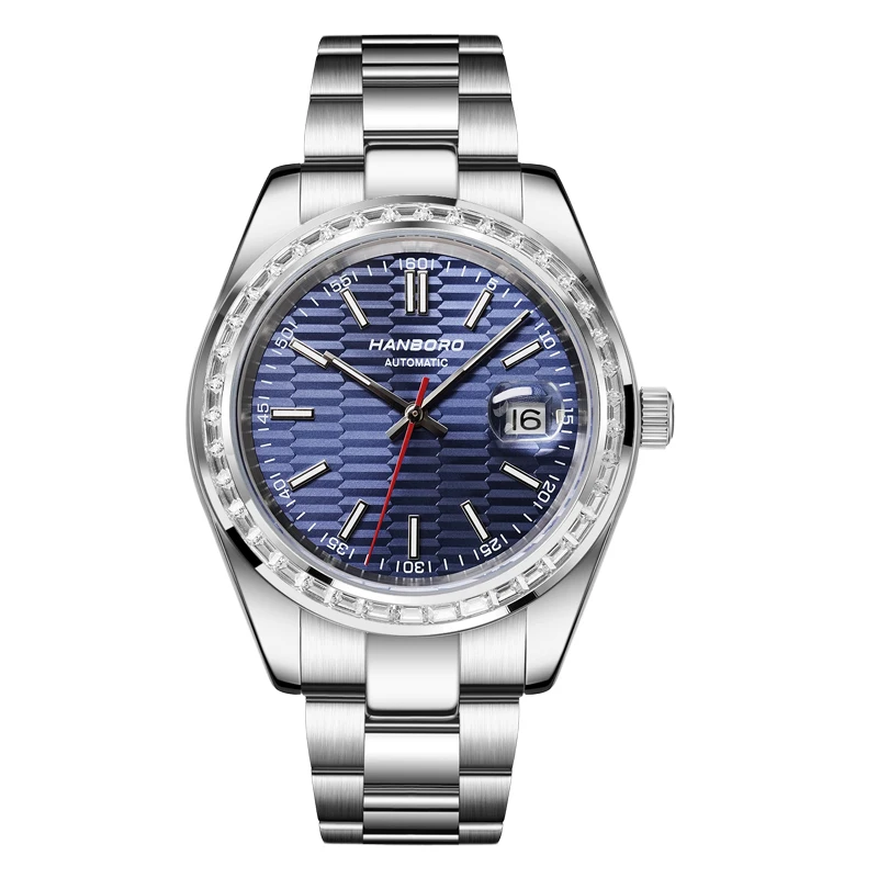 HANBORO Men Automatic Watch 40mm Top Luxury Brand Mechanical Wristwatch Waterproof Luminous Crystal Bezel Date With Magnifier