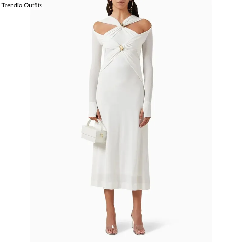 

Trendio Crosscriss Knitting Spliced Sequined Dresses for Women V Neck Sleeve High Waist Slimming Long Dress Female New Outfits