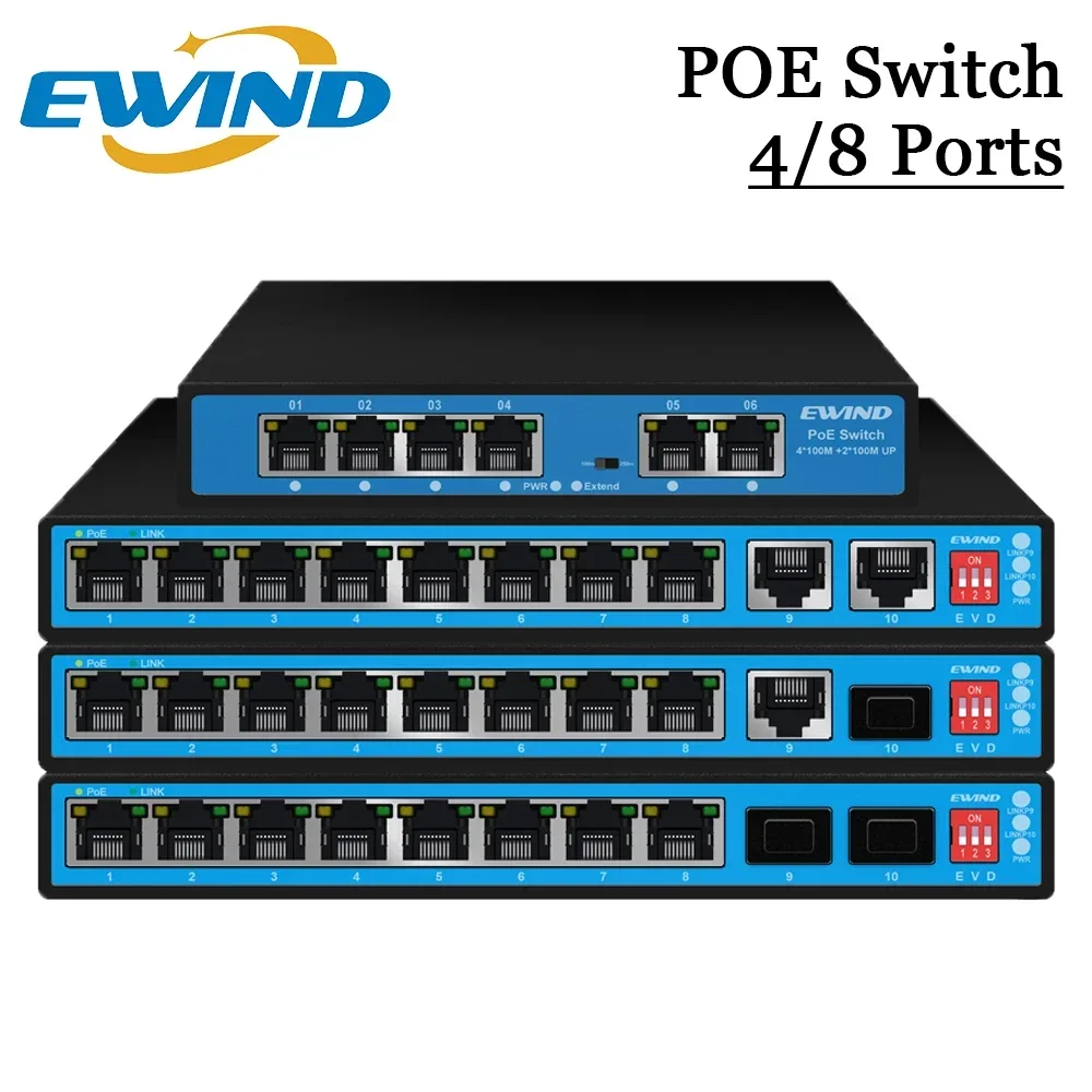 

EWIND POE Switch 4/8 Ports 10/100/1000Mbps Ethernet Switch Support AI Watchdog Port self-healing for IP Camera,for home NVR