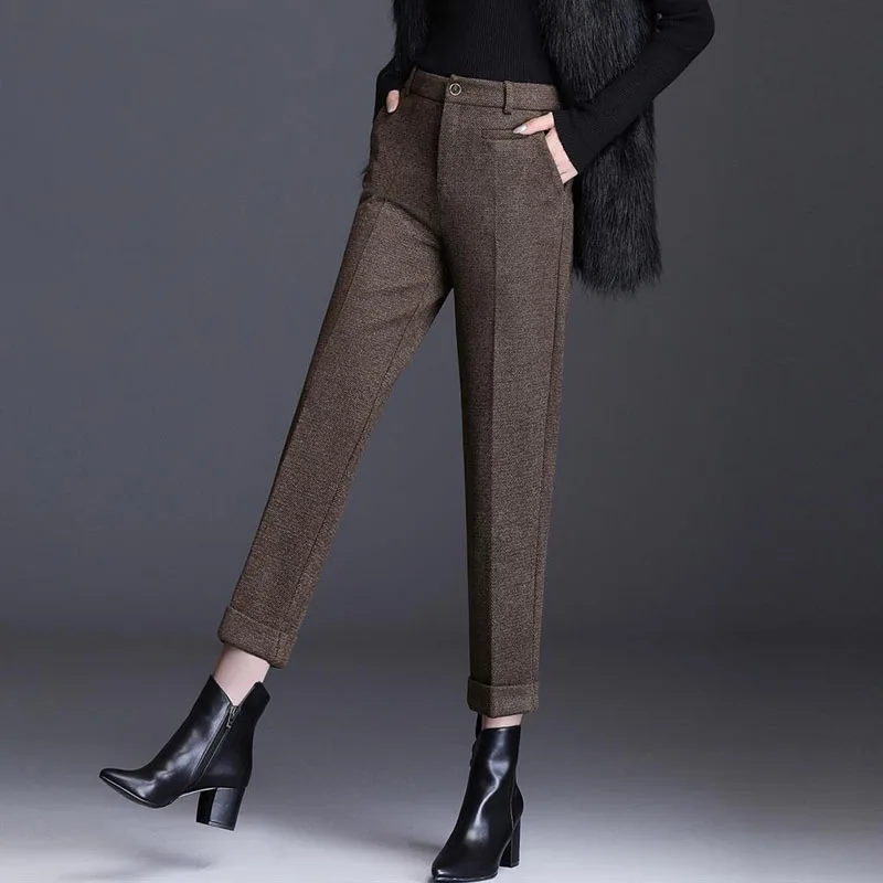 Autumn Winter Woolden Blend Harem Pants Women Solid Colors High Waist Ankle-Length Pants Lady Office Thick Loose Suit Pantalones