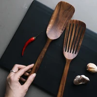 Ensemble de spatules en teck de 2 spatules en bois pour la cuisine, ustensiles de cuisine antiadhésifs à Long manche, ustensiles de cuisine à fente résistants à la chaleur 2
