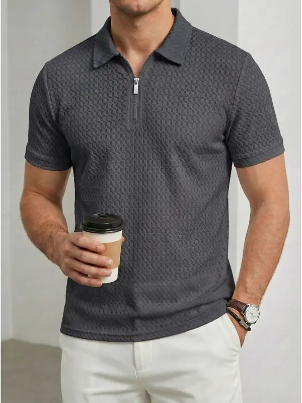2026 Men's Business Casual Short Sleeved Bone Flower Solid Color POLO Shirt Fashion Breathable Comfortable Summer Versatile Top - Image 4