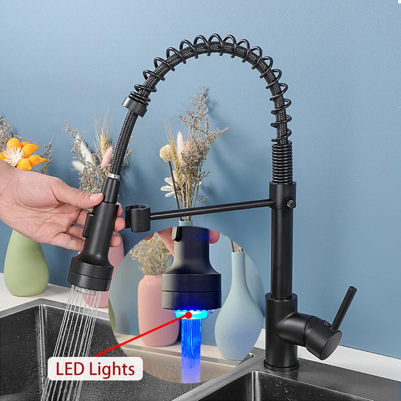 

ULA LED Light Black Spout Kitchen Faucet Spring Pull Down Water Taps for Kitchen Handheld Kitchen Sprayer Single Handle