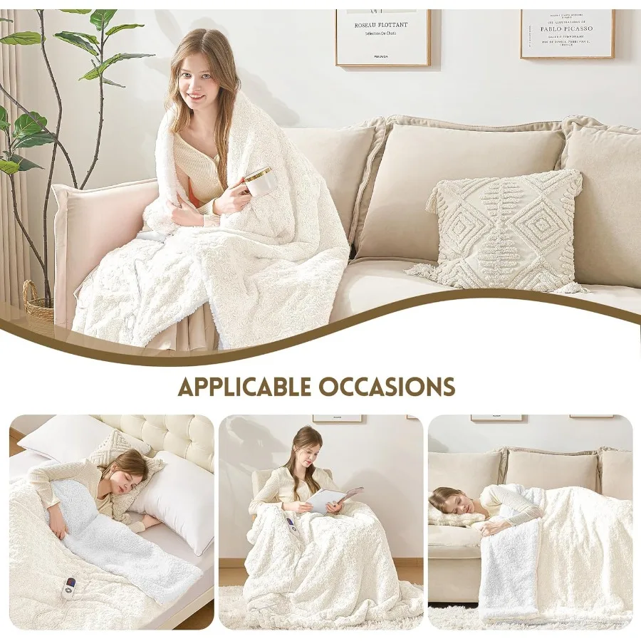Electric Heated Blanket for Twin Size 62x84 with Faux Rabbit Fur Sherpa Texture 6 Adjustable Heat Settings and 12Hour Automatic