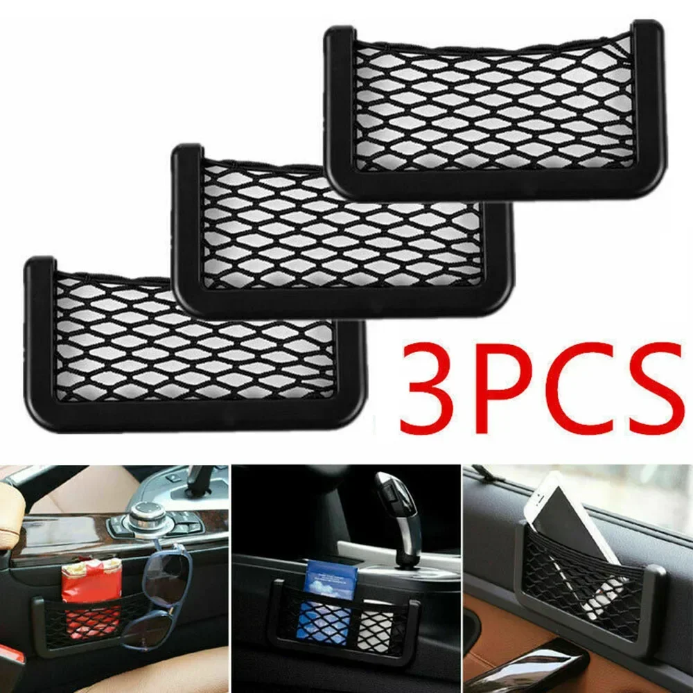 3PCS Car Storage Net- Bags Mesh Pocket Universal- Car Seats Side Back Storage Net Bag Phones Holders Pockets Organizer