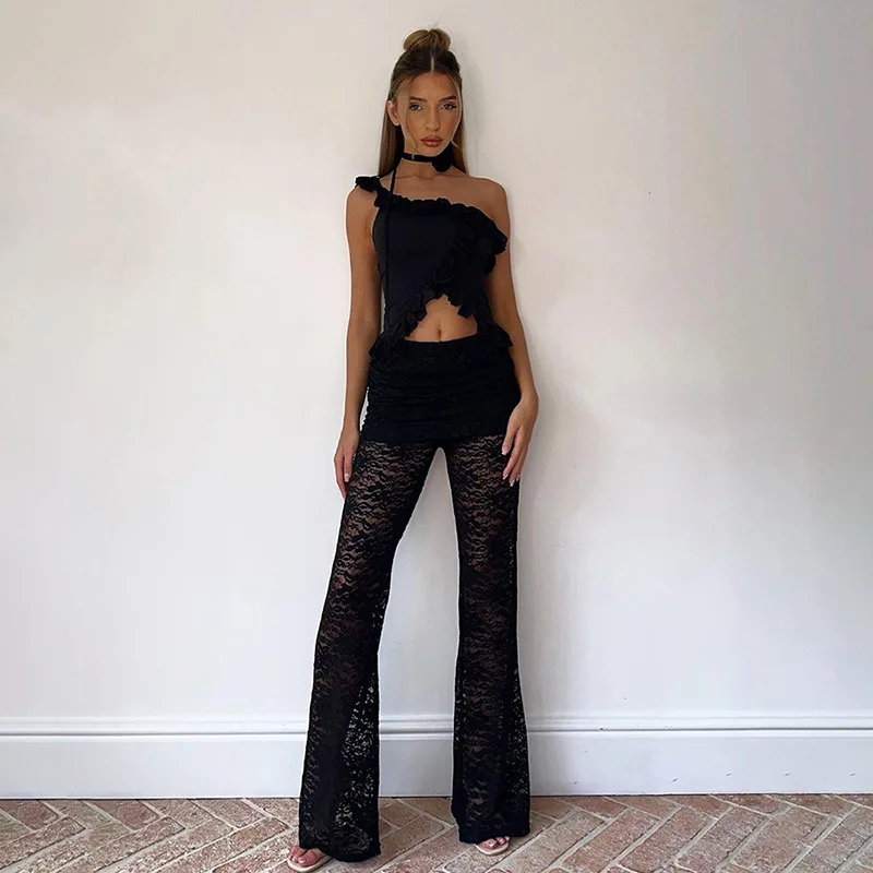 Nibber Stacked Lace Pants Women Solid Sexy See Through High Waist Slim Trouser Simple Solid Trend Female Stunning Chic Bottoms