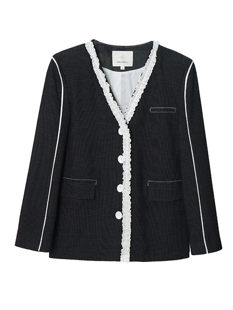 BZVW Elegant Blazer Women V-neck Single Breasted Contrast Color Open Wire Office Lady Coat Versatile 2024 New Clothing 25X4052