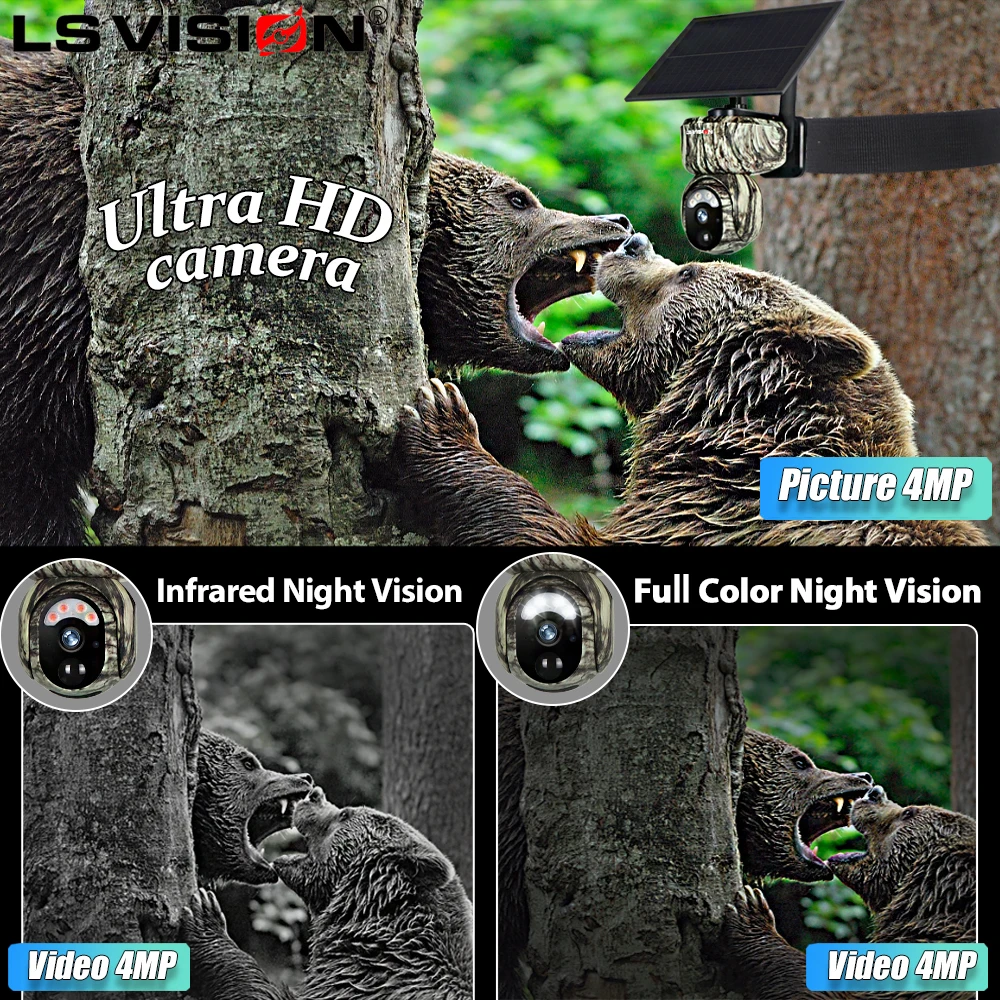 Фото Охотничья Беспроводная Солнечная камера LS VISION, 4 МП, с датчиком присутствия, Wi-Fi, 4G, водонепроницаемая, для помещений и улицы, CCTV №4