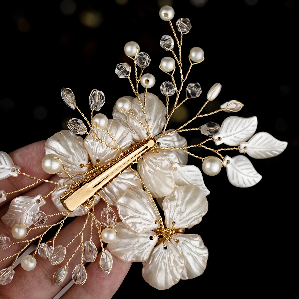Gold Acryl Blume Haars pange Perle Kristall Perlen Haarnadeln Braut Kopf bedeckung Mode Braut Hochzeit Schmuck Haarschmuck – Detail 8