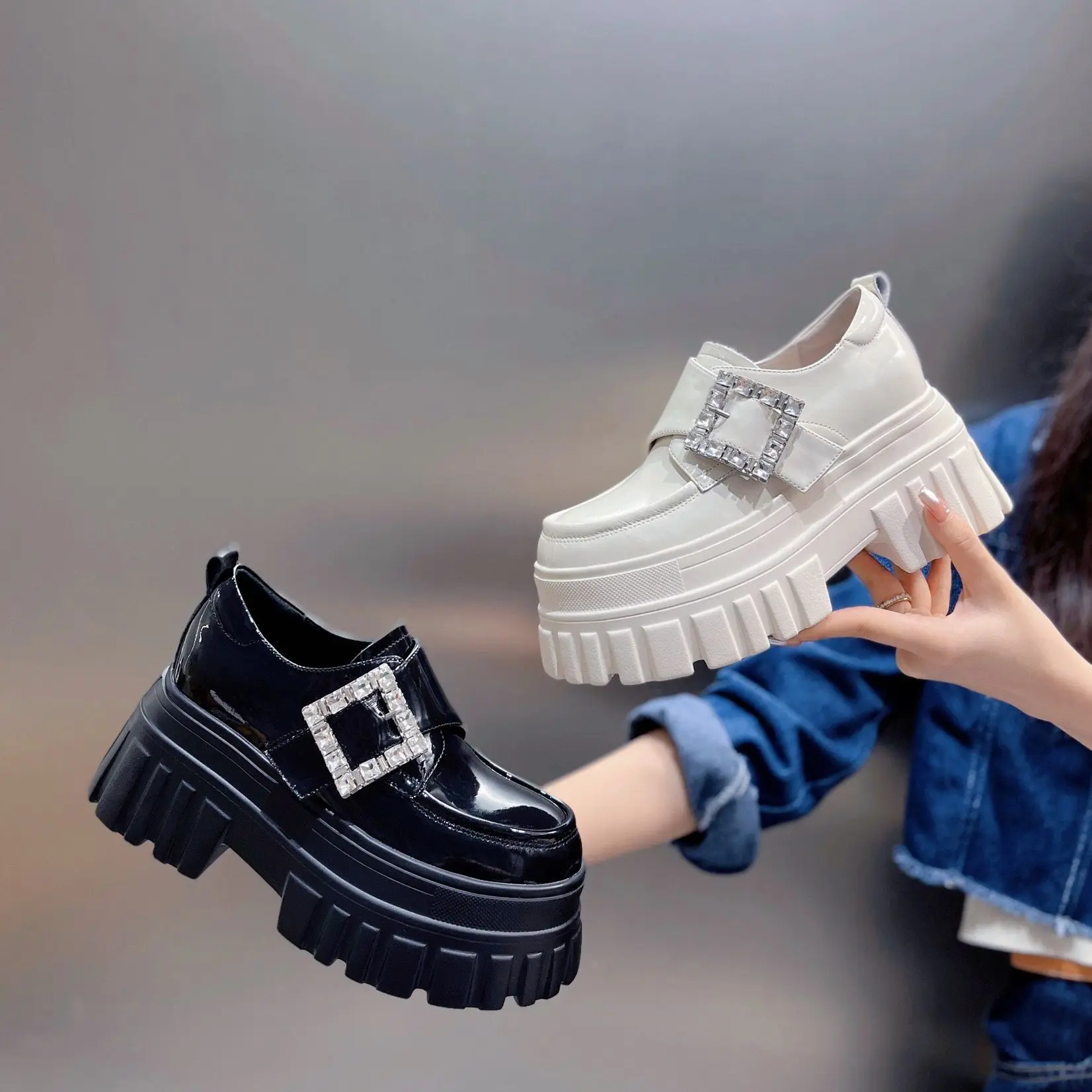 

Women Genuine Leather Shoes Chunky Heels High Platform Fashion Height Increasing Sneakers Slip-On Pumps Casual Ladies Loafers