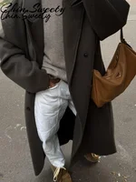 Urban Women Wool Long Coat Casual Full Sleeve Lapel Doube-Breasted Female Coats 2025 Autumn Winter Casual Lady Streetwear 3