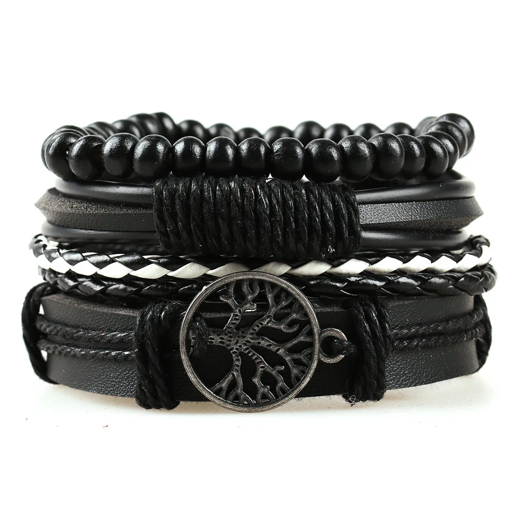 Tree of Life Alloy Accessories Four Combination Set Leather Men's Bracelet Leather Bangle Wooden Beads Hand-woven Leather Ornament