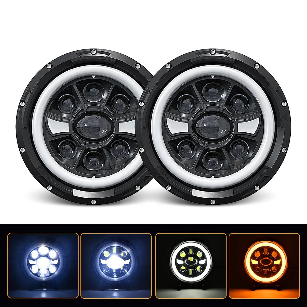 DRL 4x4 7inch Round Headlight with High/Low Beam Turn Signal Jeep Crystal Len 4