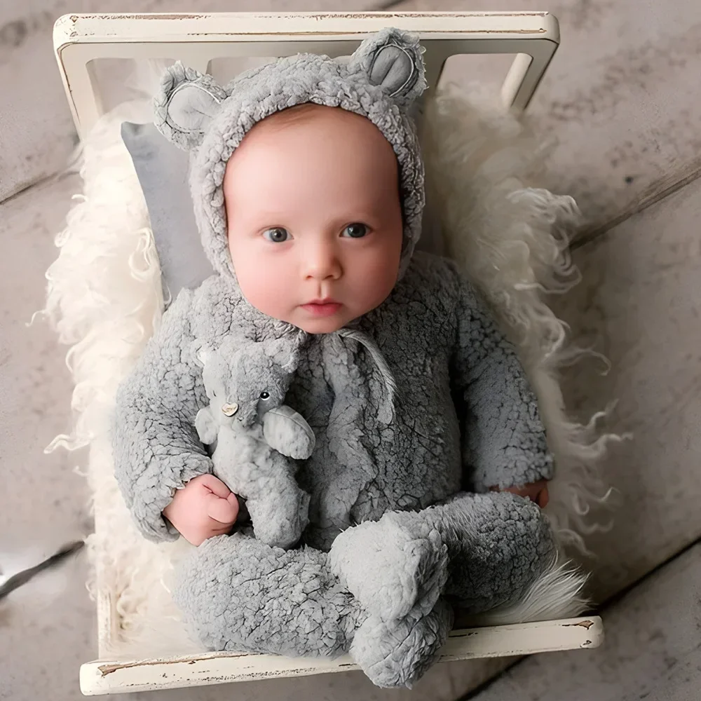 

Newborn Photography Props Baby Photoshoot Outfit Bear Bonnet Pajama Set Infant Photo Prop Brown Plush Bear Ear Hat Footie Romper