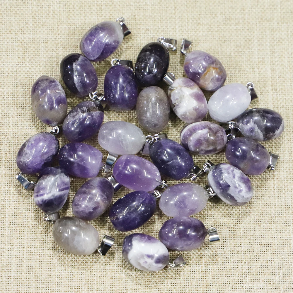 Natural Stone Amethysts Oval Ball Pendants Necklace Egg Crystal Charms Handmade DIY Jewelry Making Accessories Wholesale 24Pcs