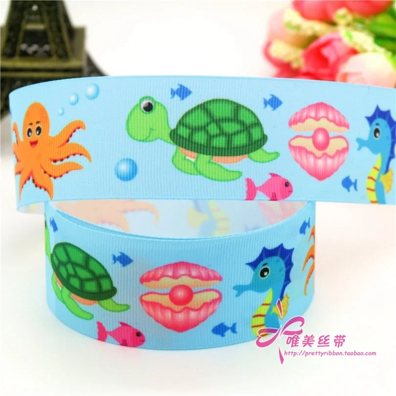 DHK 38mm 10yards Mermaid Ocean Shell Dinosaur Printed Grosgrain Ribbon Accessories Headwear Decoration Collar DIY Sewing B2350