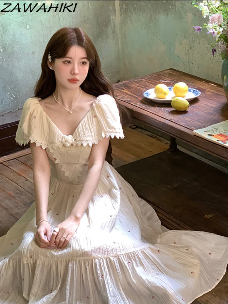 

French Vintage Floral Embroidery Dress Women Elegant Temperament V-neck Chic Summer High Waist Solid Color Short Sleeve Vestidos