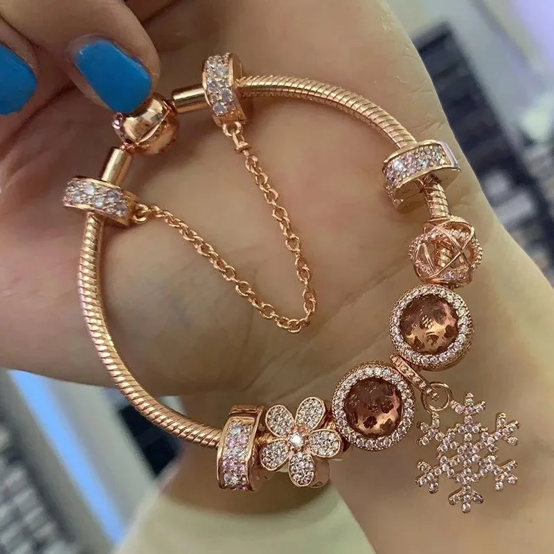 Real 925 Sterling Silver Rose Gold Snowflake Pendant With Round Buckle Bracelet Fit Original Pan Charm Diy Jewelry 1pc christmas headband snowflake tree merry children and adults with teeth anti slip hair band