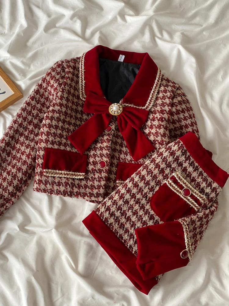 Autumn Winter Elegant Tweed Plaid Skirt Sets Women Sweet Chic Pearl Bow Woolen Jackets Mini Skirts Suit Korean Female Outfits