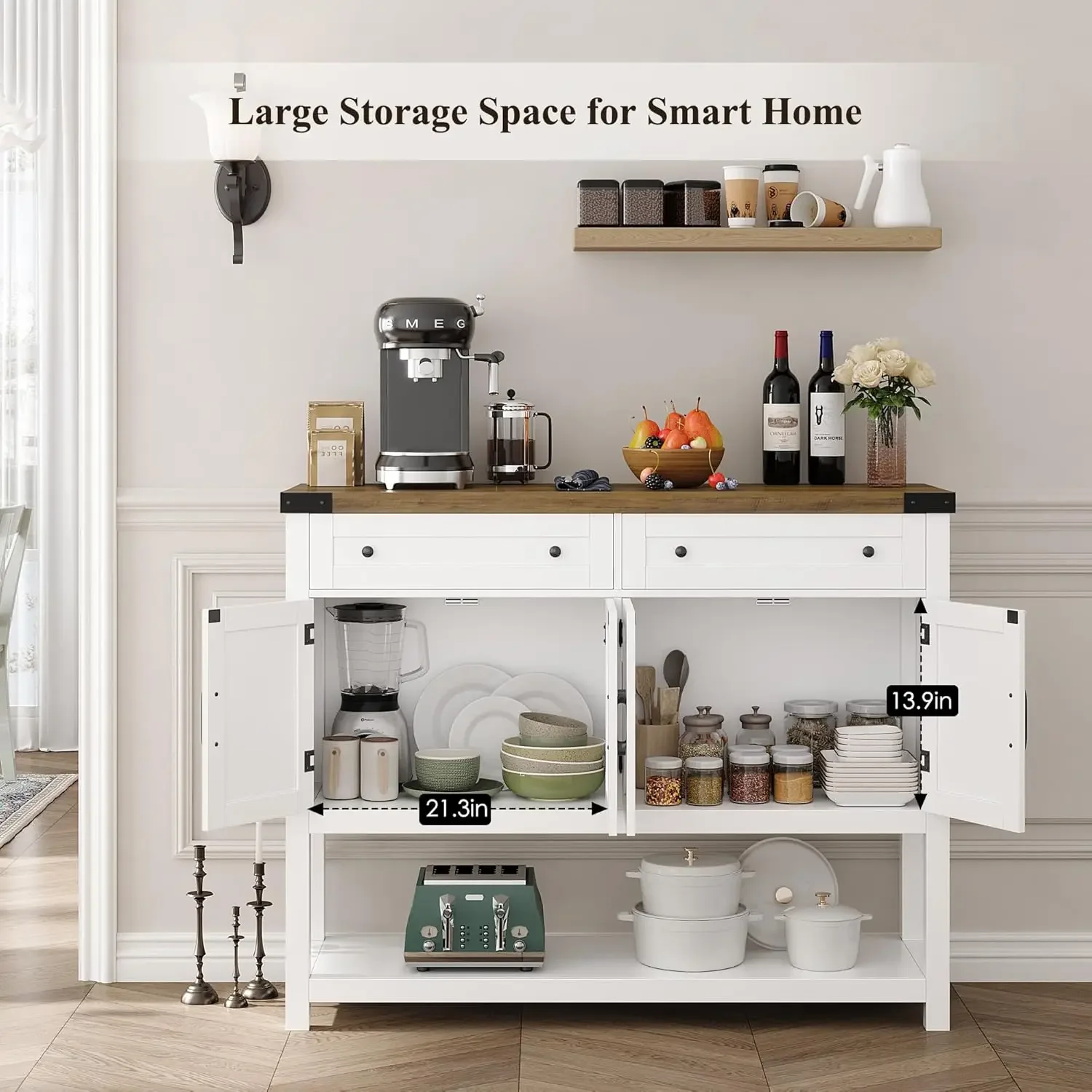 Buffet Sideboard Cabinet with Storage, 47.2" Modern Farmhouse Coffee Bar with 2 Drawers, Barn Doors Console Table with Shelf 4