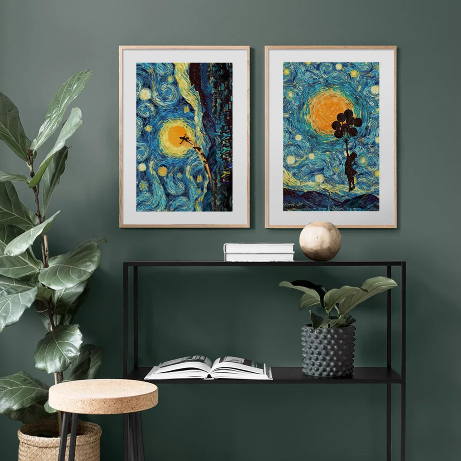 

Abstract The Starry Night Balloon Girl Nordic Posters And Prints Wall Art Canvas Painting Wall Pictures For Living Room Decor