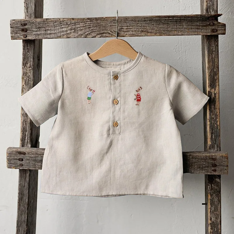 Clibeso Summer New Children's Loose Cotton Linen Top Boys' Solid Color Shirt Long Sleeve Embroidered Animals Kids Clothes