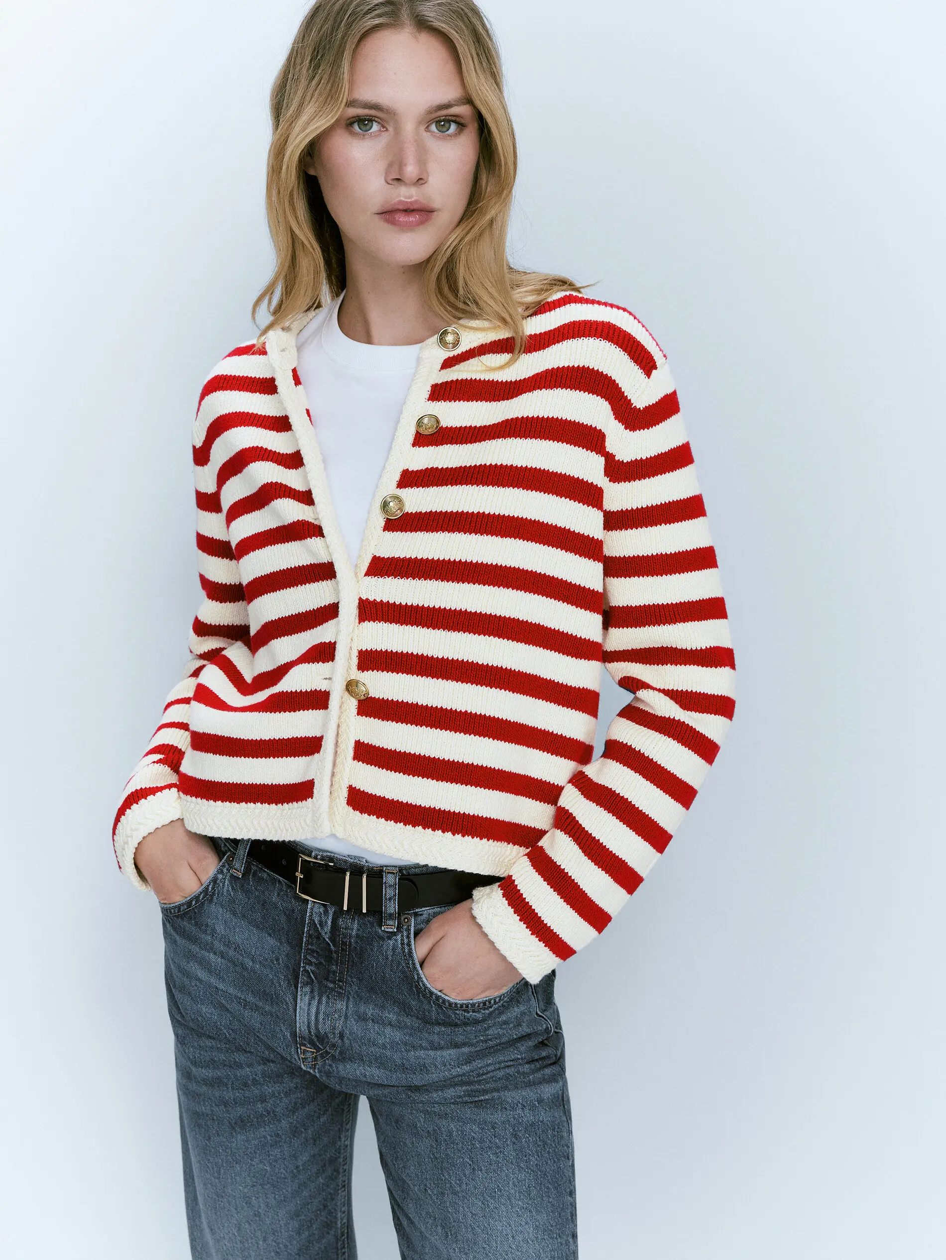 Commute Stripe Cardigan  Women’s autumn Slim-fit commuter workwear womens v-neck button-up ribbed sweaters buckle classic petite size striped cardigans for woman in red with white stripes