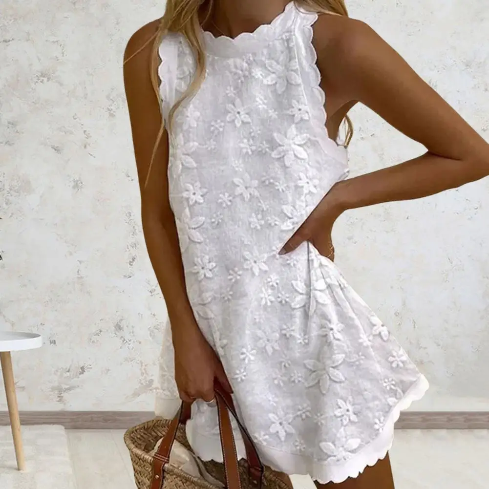 

Summer Mini Dress Floral Embroidery Off Shoulder Round Neck Sleeveless Dress Up Big Hem Ruffle Women Summer Dress Women Clothes