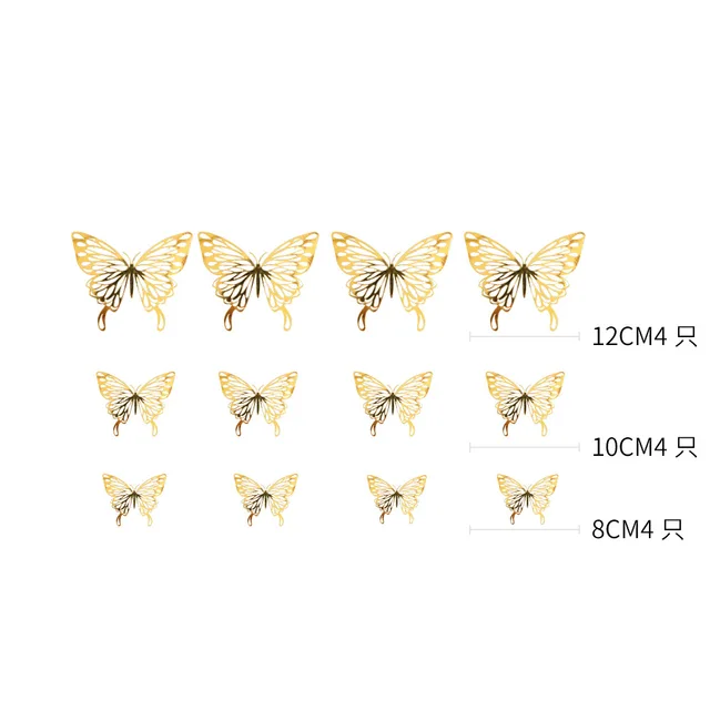 12Pcs Metal Texture Gold Artificial Butterfly Cake Topper Cake Decoration Simulation Butterflies Wedding Crafts Party Decoration D-Gold