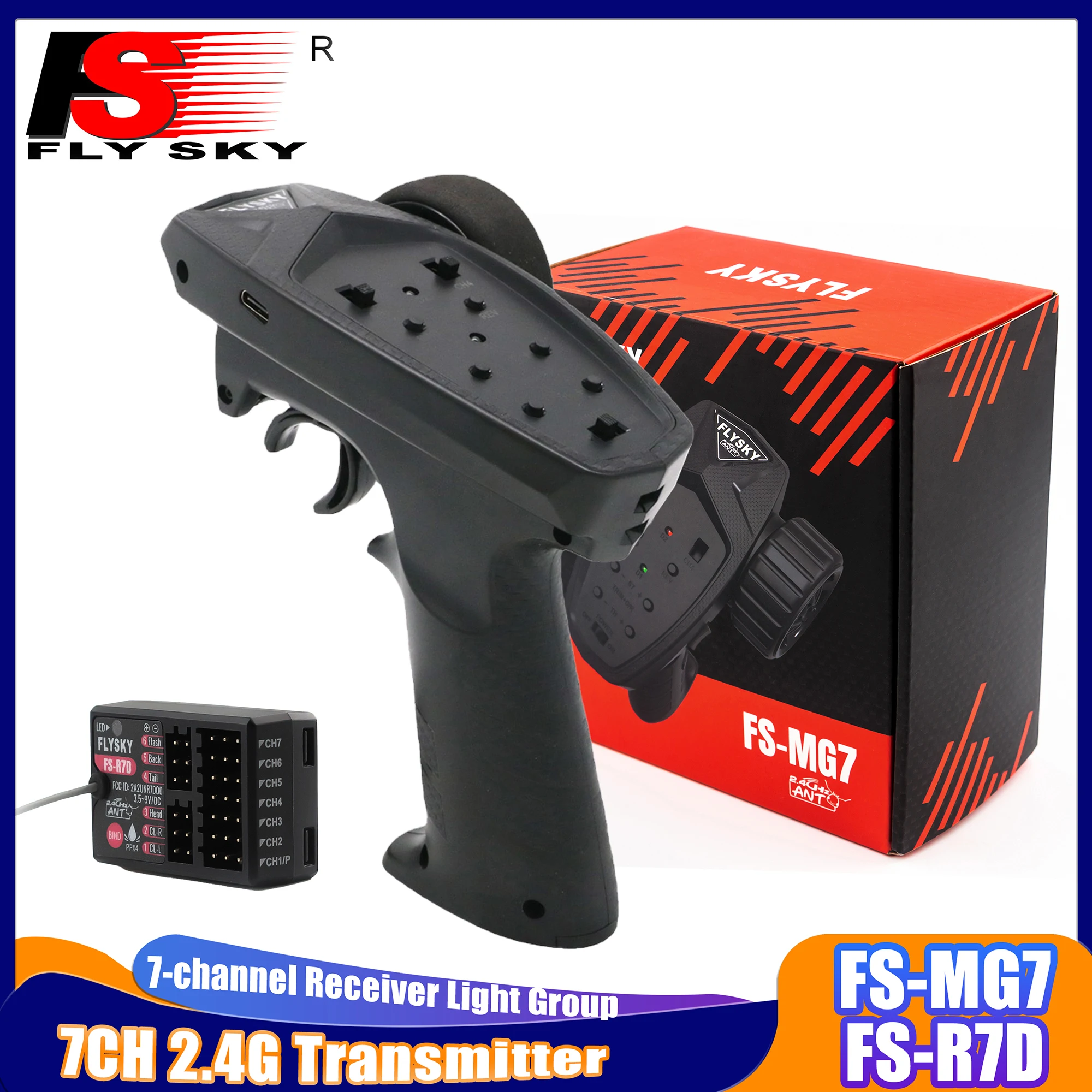 

FLYSKY 7CH FS-MG7 2.4G Transmitter ANT with FS-R7D 7-channel Receiver Light Group Remote Controller for RC Car Boat Model Part