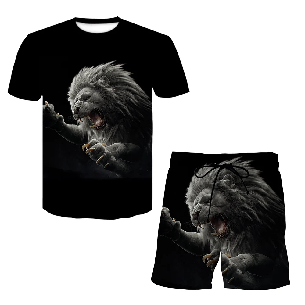 Men 2 Pieces of Cute Fierce Little Lion Street Shirt Shorts Casual Pants Oversized Comfortable Clothes Jogging Training New