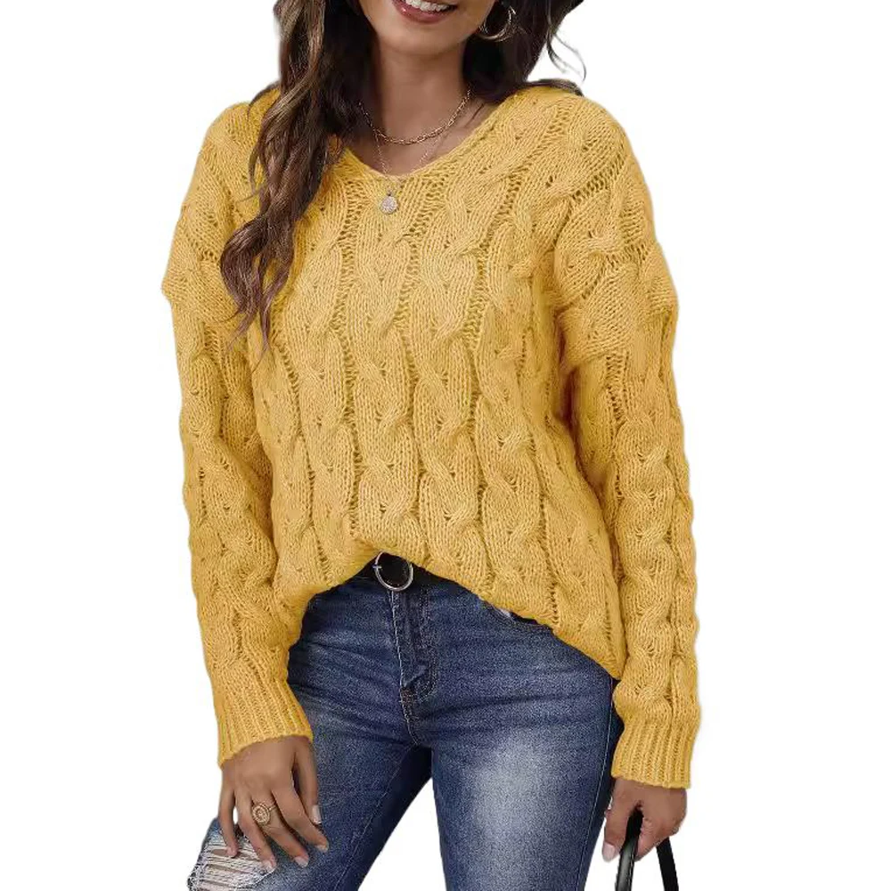 Women Thick Knitted V Neck Pullover Sweater Autumn Winter