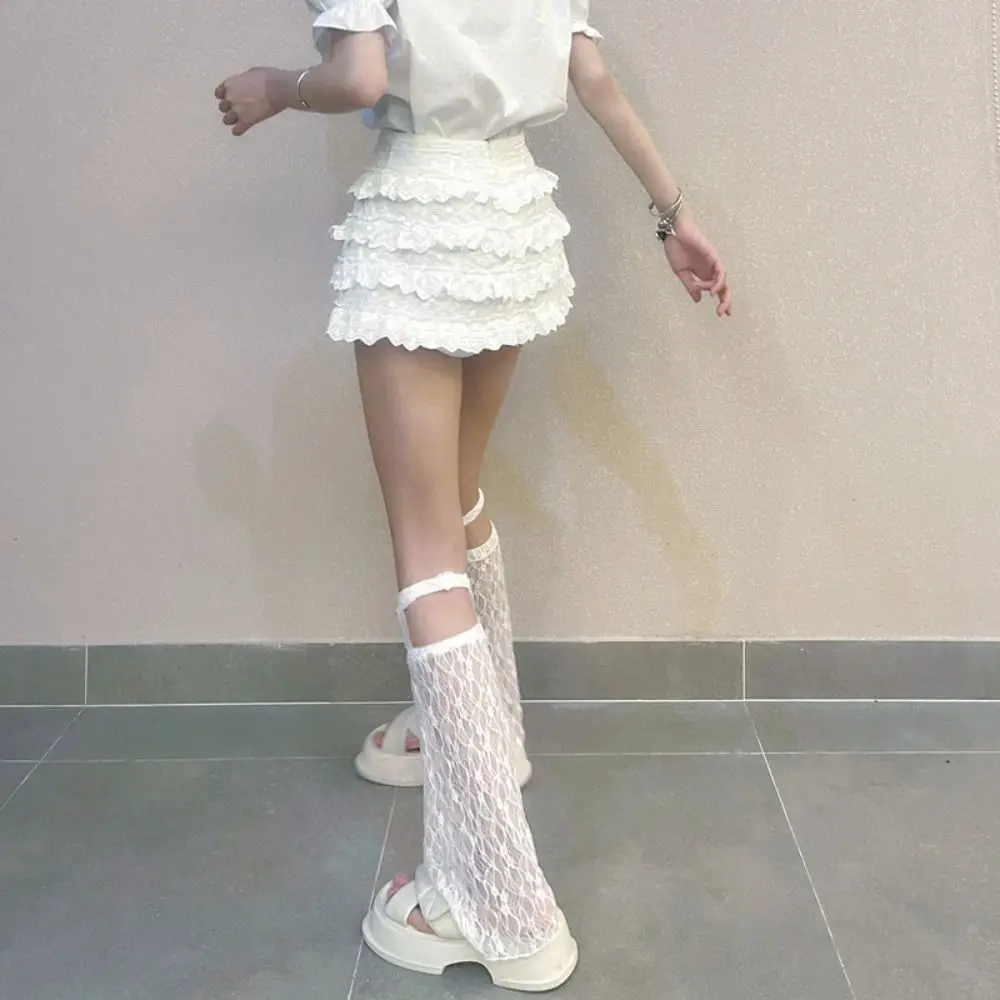 슈퍼 소프트 레이스 서스펜더 레그 워머 캐주얼 로리타 Y2K 부츠, 신발 커프스 커버, 얇은 하라주쿠 레이스 메쉬 쉬어 양말