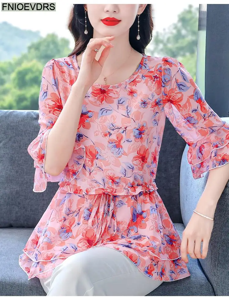 S-4XL Loose Clothes 2023 Women Summer Slim Waist Drawstring Ruffles Shirts Casual Chiffon Floral Tunic Peplum Tops And Blouses