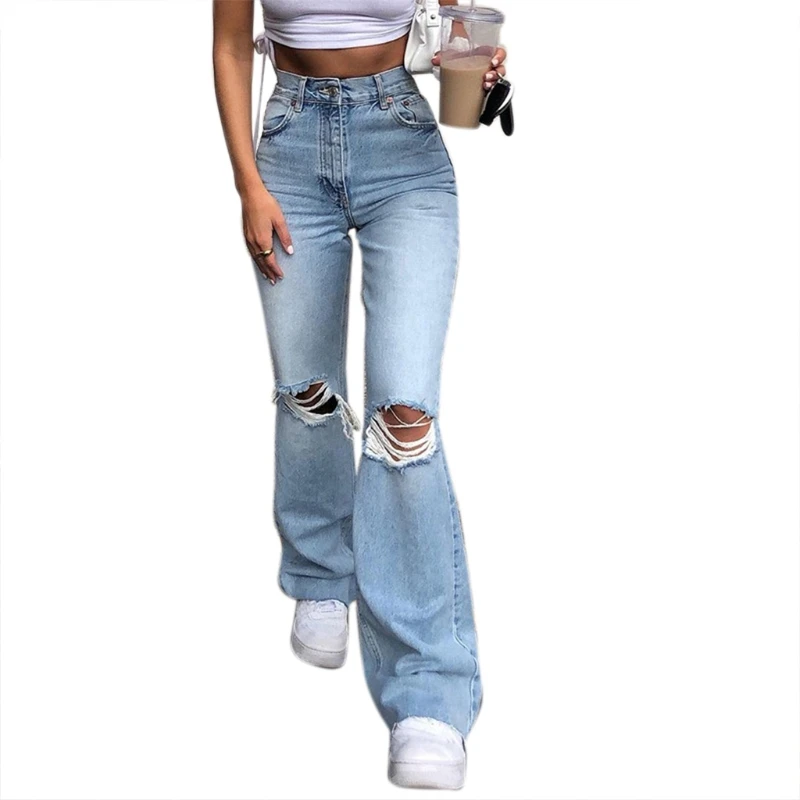 

Women Vintage Ripped Flare Bottom Jeans High Waisted Wide Leg for Raw Hem Pants Casual Fitting Trousers with