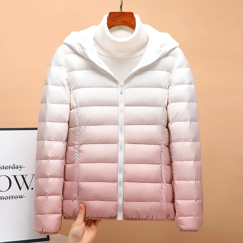 

Lightweight down jacket short style women autumn winter new 2022 new arrivals gradient color winter fashion hooded warm coat
