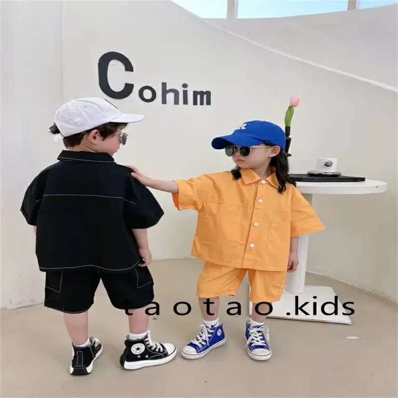 2-9Y Boys Girls Workwear Style Short Sleeve Cotton Set Summer Baby Fashion Korean Two Piece Casual Shirt+Shorts Outfits