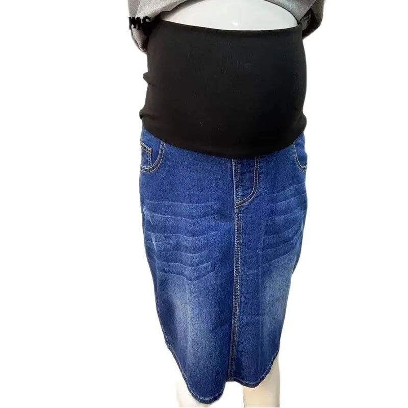 Emotion Moms Women Maternity Denim Skirt High Waist Good Stretch Foldable Waist Band Pregnant Jean Skirt Plus Size S to 4XL