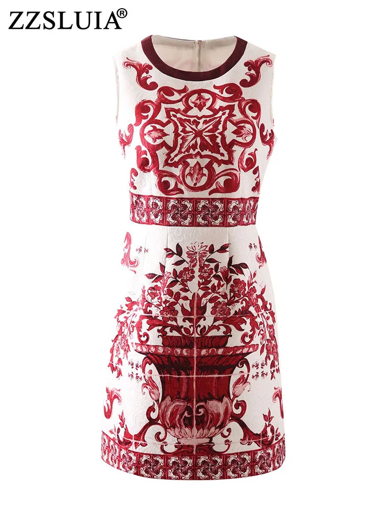 

ZZSLUIA винтажные платья для женщин красное фарфоровое дизайнерское тонкое жаккардовое платье модные элегантные платья без рукавов для женщин