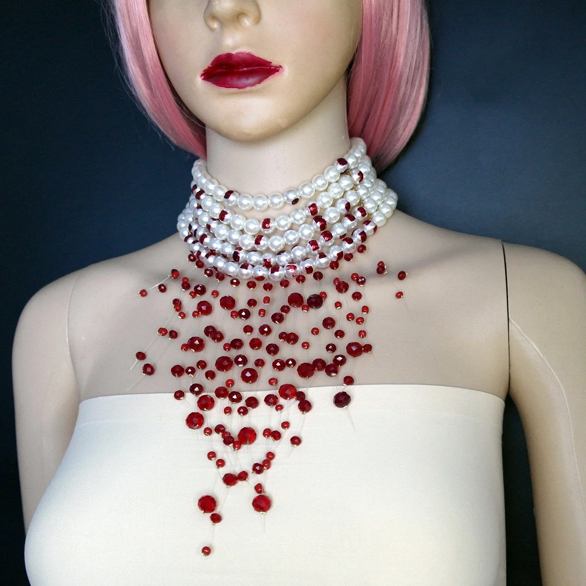 Halloween Blood Pattern Pearl Necklace Women Fashion Multi-layer Imitation Pearl Tassel Short Necklace Gothic Party Jewelry Gift