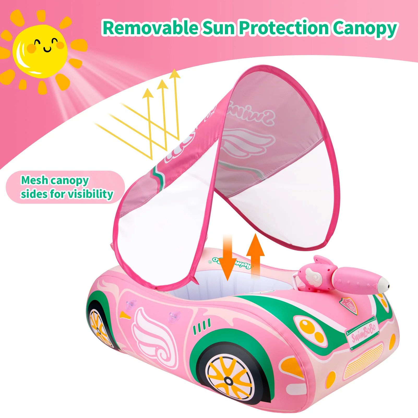 Swimbobo Pink Girl Kids Inflatable Children Swimming Seat Boat Floating Water Gun Toddler Water Toy Baby Ring Float With Canopy 3