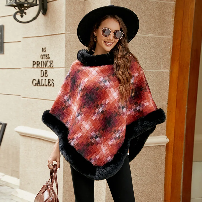 

2024 Autumn Winter New European and American Pullover Cape Color Check Warm Knit Shawl Women's Coat