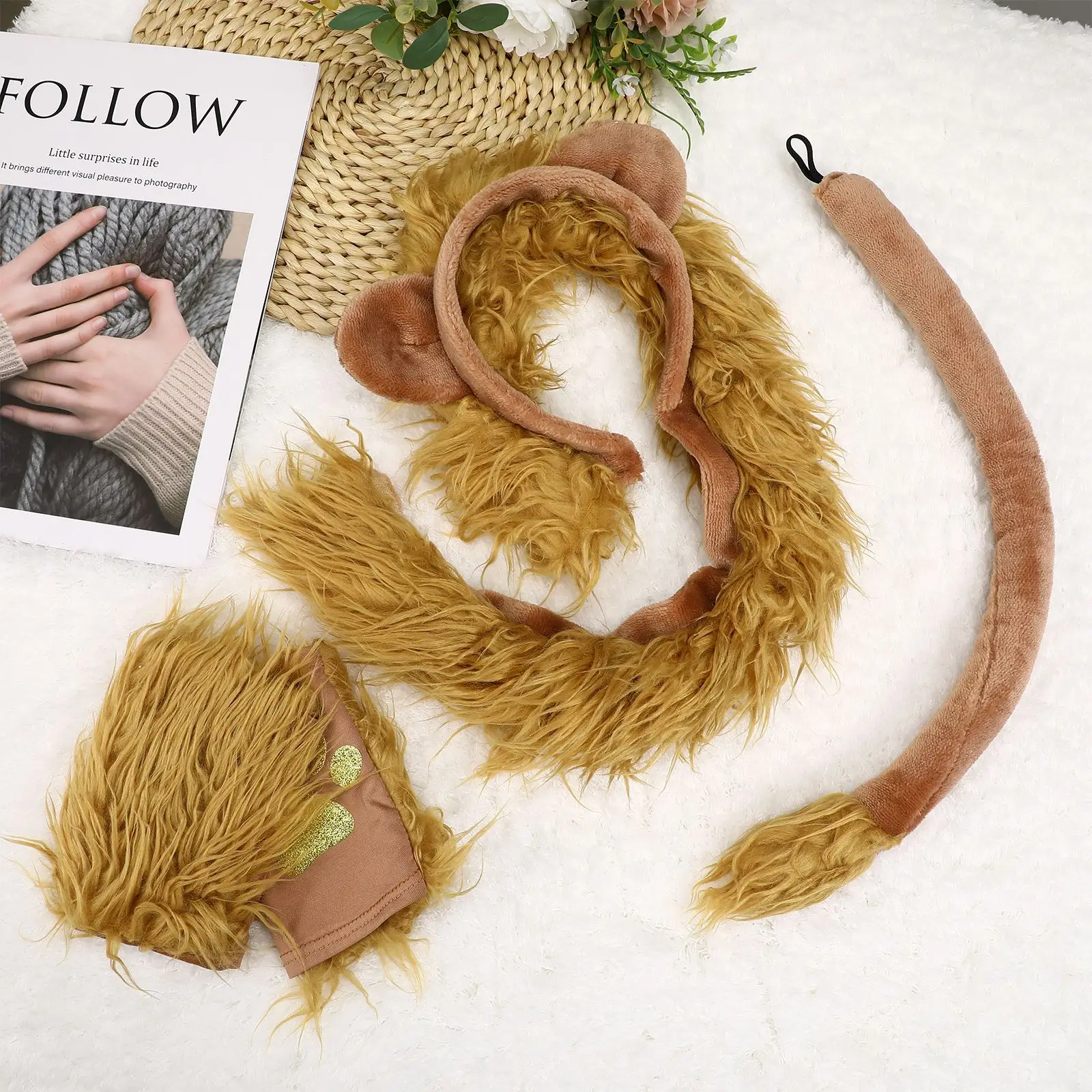Halloween Cosplay Lion Set Ears Tail and Paw Gloves Lion Costume Accessories for Halloween Cosplay Fancy Dress-up Party 1 Set animal costume set