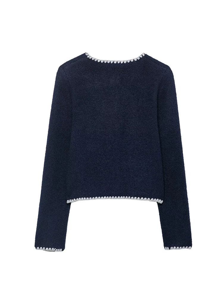 Women's O-neck Contrasting Color Knit Top Elegant Style Short Knitted Coat Autumn New Single Breasted Sweater Cardigan New