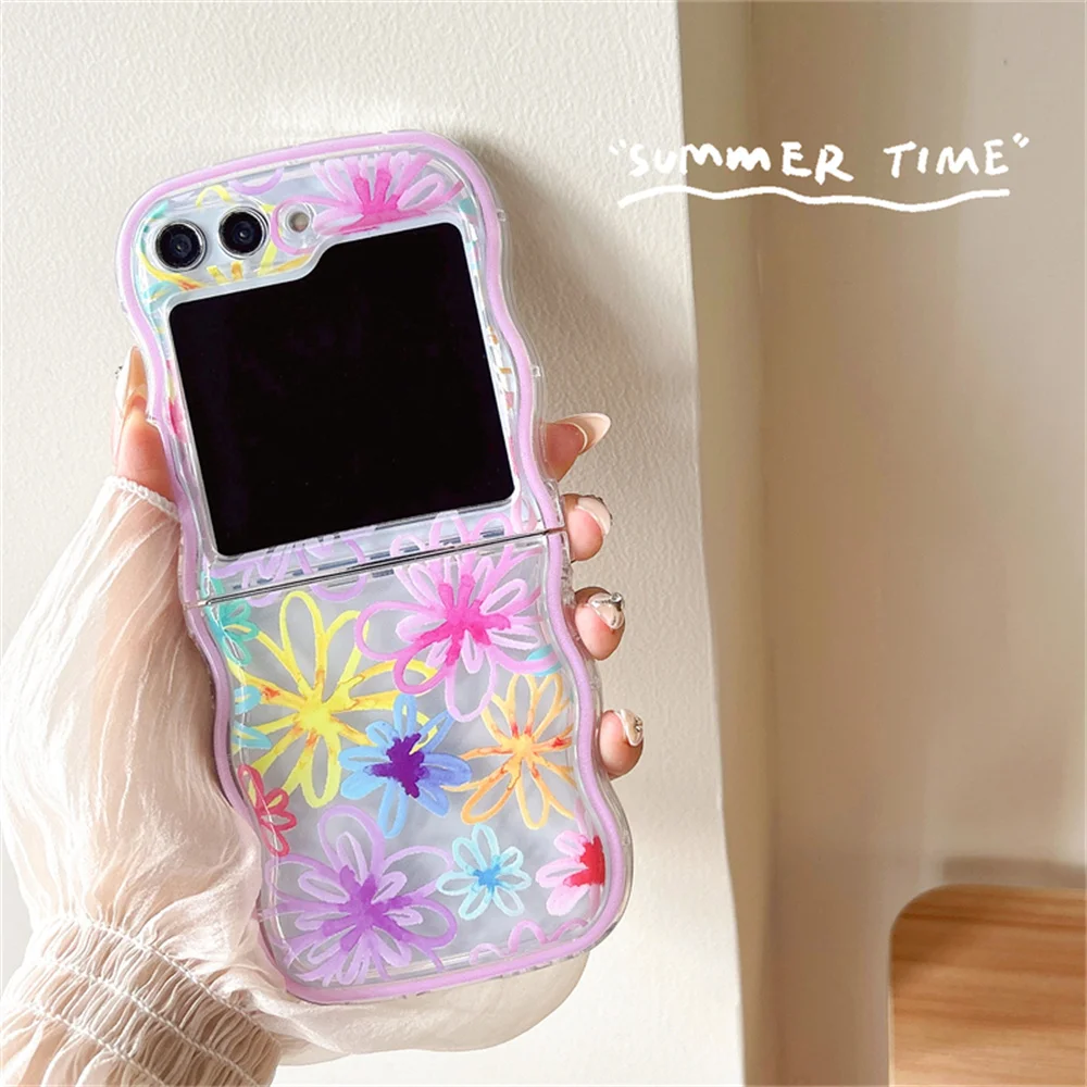 Cartoon Colorful Flower Transparent Wavy Painting Luxury Phone Case