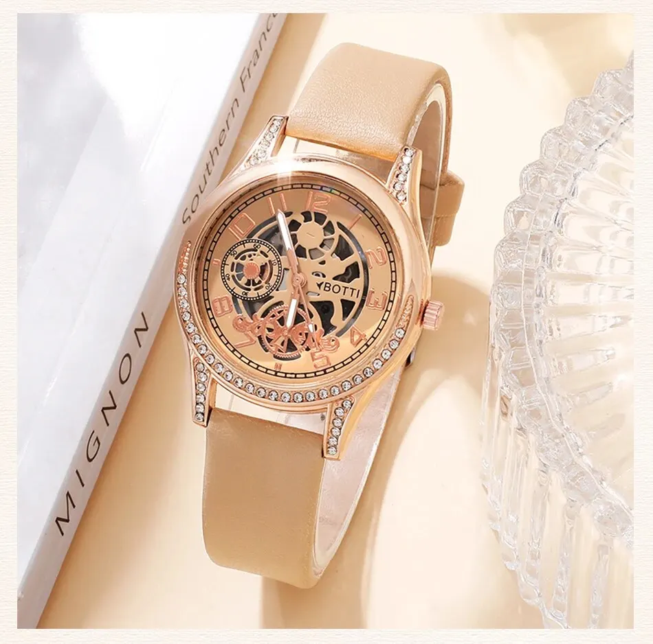 S0634fdc9cff04488932a1b7cdaad5d78U Women's Fashion Watch Casual Khaki Leather Belt Watches Ladies Rhinestone Quartz Wristwatches Bracelet Set Clock Montre Femme Mallzona