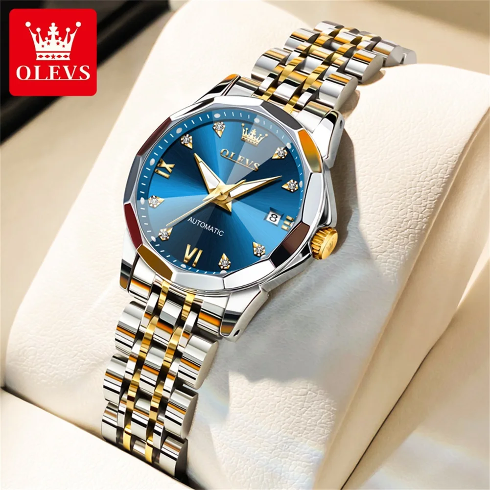OLEVS 9982 Woman Automatic Watch Rhombus Mirror Mechanical Watch For Women Steel Strap Luxury Waterproof Date Ladies Wristwatch