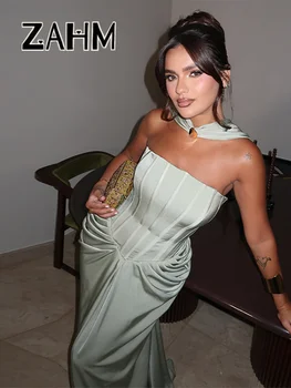 Elegant Pleated Party Long Dress Women With Scarf Satin Sleeveless Backless Evening A-line Dresses 2026 Spring Lady Robes New 1