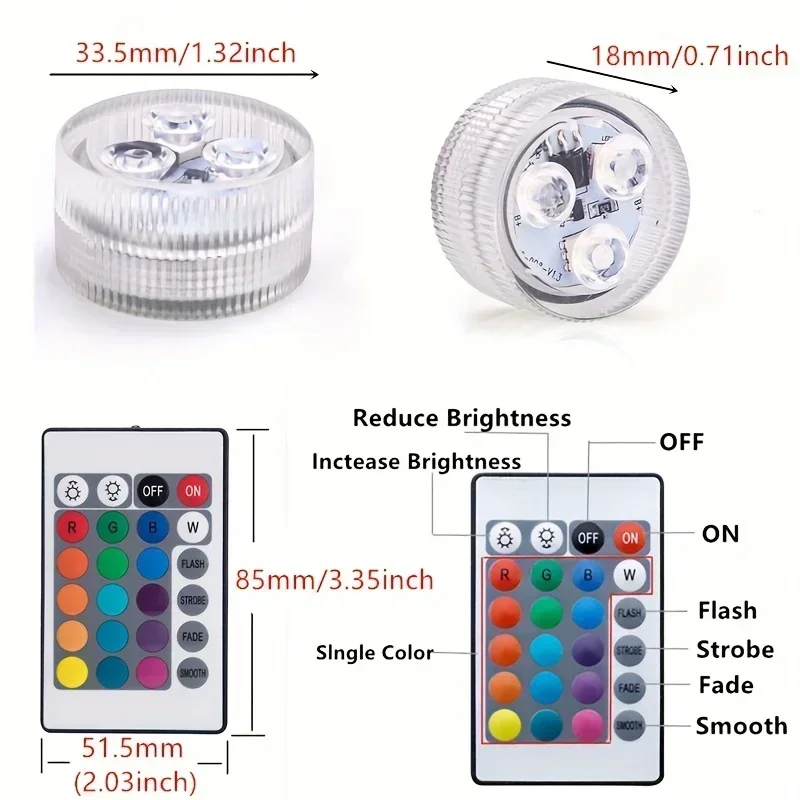 Luce subacquea colorata a 3 LED con telecomando alimentata da batteria a bottone, impermeabile, per decorazioni per feste in piscina - immagine 4