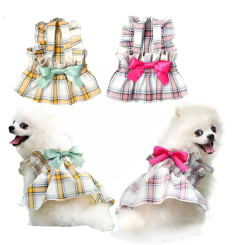 Dog Plaid Dress With Bowtie Cute Pet Skirt With Bow For Small Medium Dogs Cats Puppy Clothes Girl Princess Outfits Spring Summer